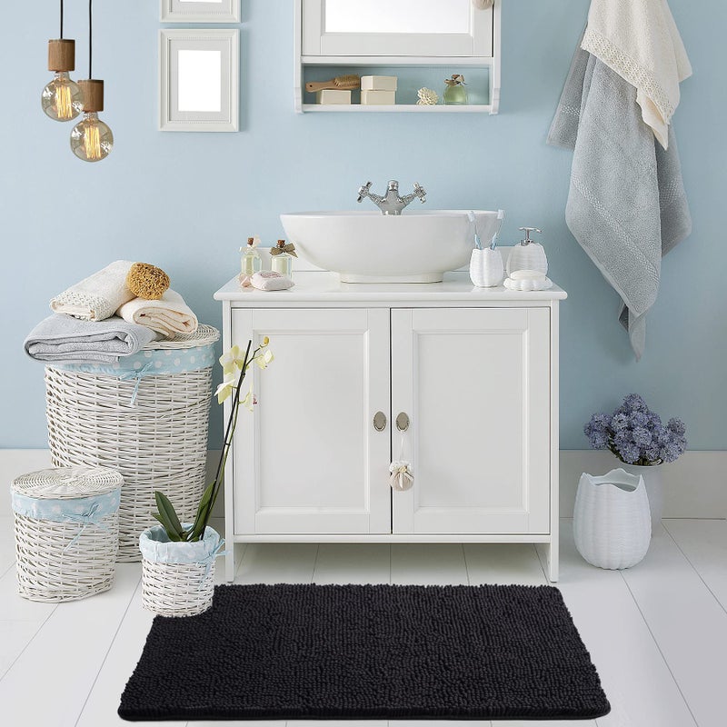 Noahas Bath Rugs 24'' x 36'' Bathroom Rug, Soft Luxury Chenille Bathroom Mats, Non-Slip and Absorbent Throw Rugs for Bath Tub, Plush Microfiber Shower Rug Machine Washable Floor Carpet, Black - Image 2